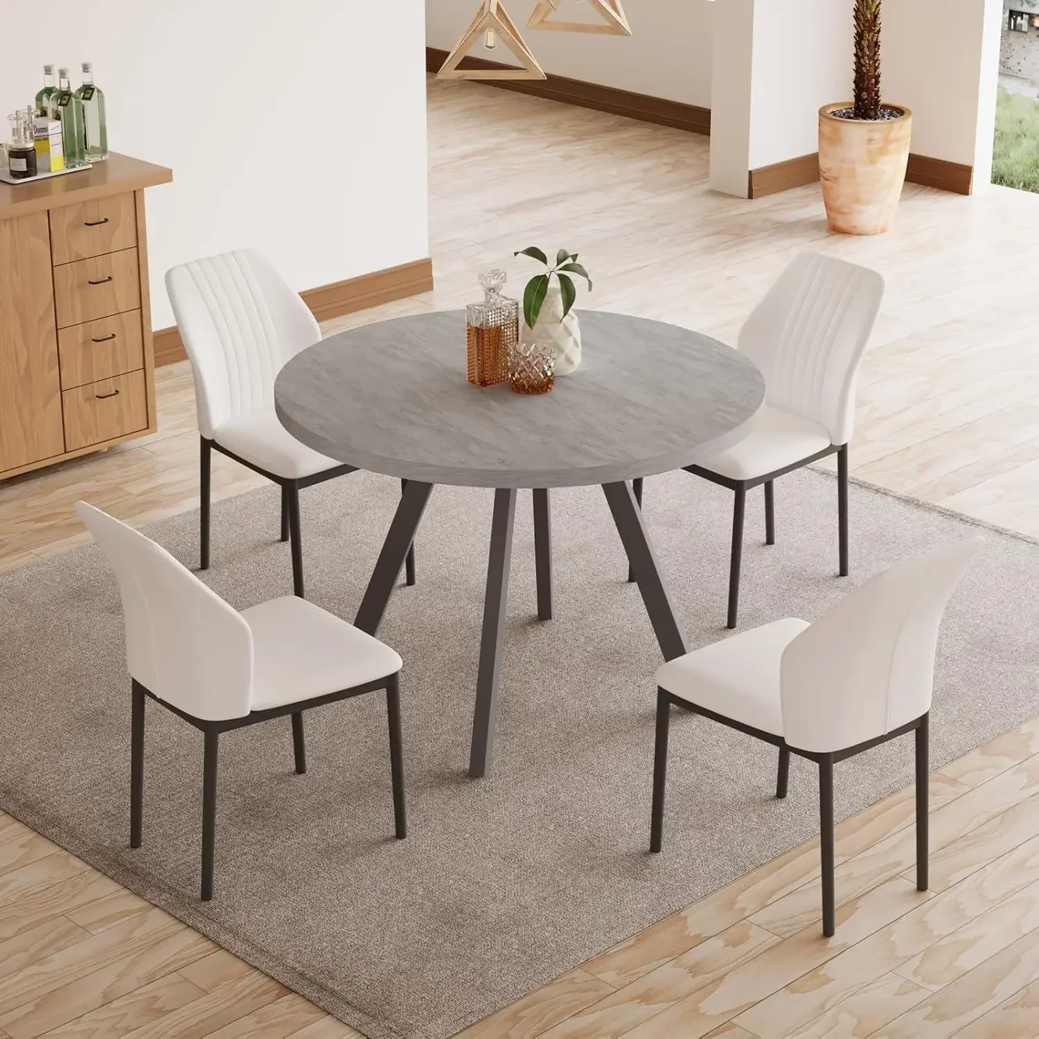 Round Dining Table Set for 4, Modern Casual Coffee Table Set for Kitchen, Living Room, Apartment (Dining Table + 4 White Chairs)