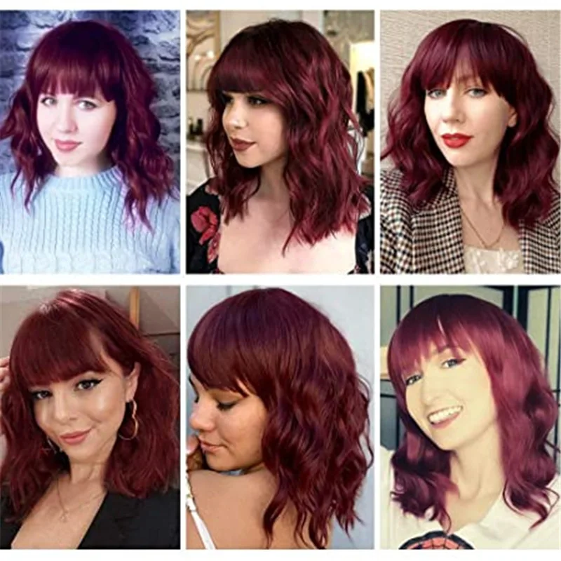 

Women's natural synthetic Burgundy hair wave short hair wine red wave Bob bangs wig