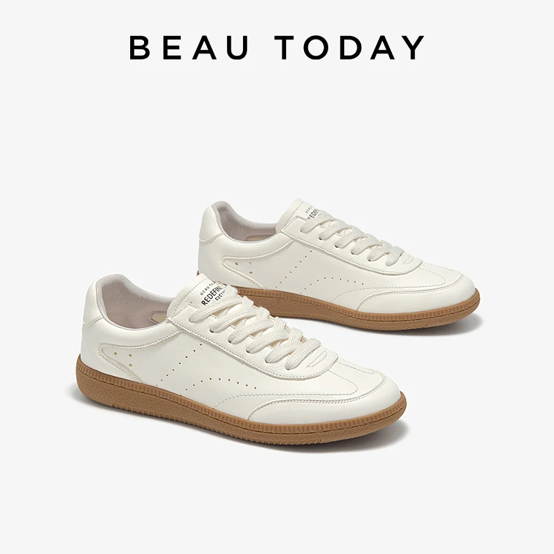 

BEAUTODAY White Sneakers Women Cow Leather Lace-up Round Toe Sewing Ladies Trainning Shoes Handmade 29932