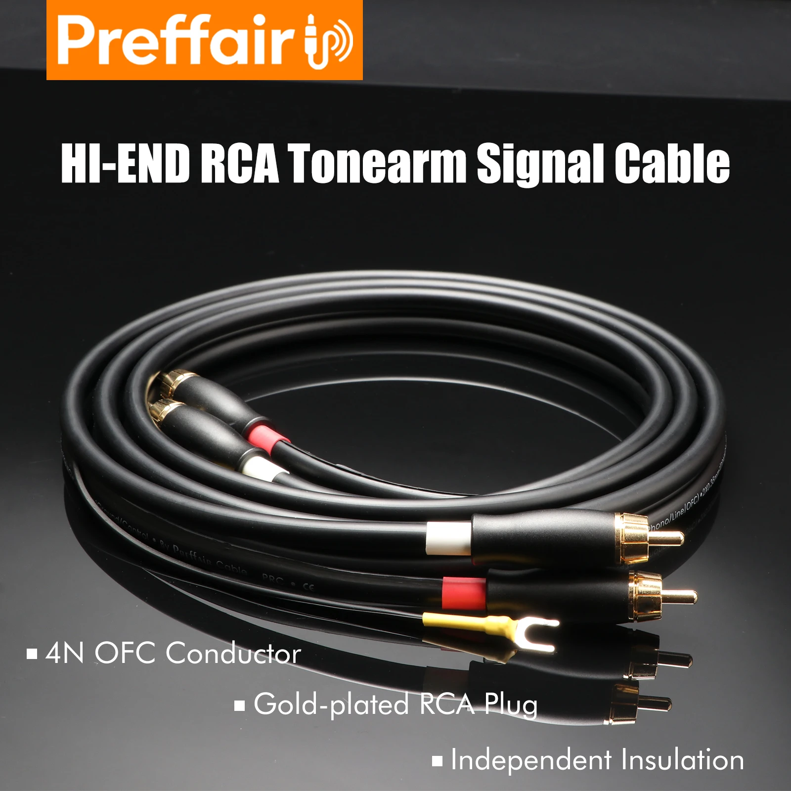 Preffair 4 Core Pure Copper OFC 2 RCA to 2 RCA Ground U Spade Plug Audio Phono Tonearm Cable with Ground Wire
