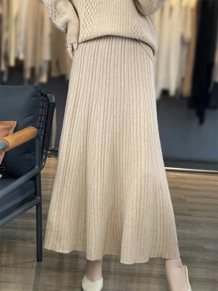 

Women’s Wool Skirt Grace Autumn Winter 100% Merino Wool Knitted Long Pleated Skirts High Waist A-Line Cashmere Comfortable Dress