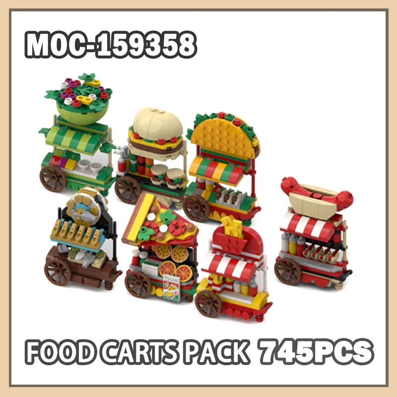 

MOC- 159358 Городской архитектурный вид на улицу, киоск, тележки для еды, строительные блоки, набор кирпичных моделей, детские игрушки, новый набор подарков, сделай сам, 745 шт.