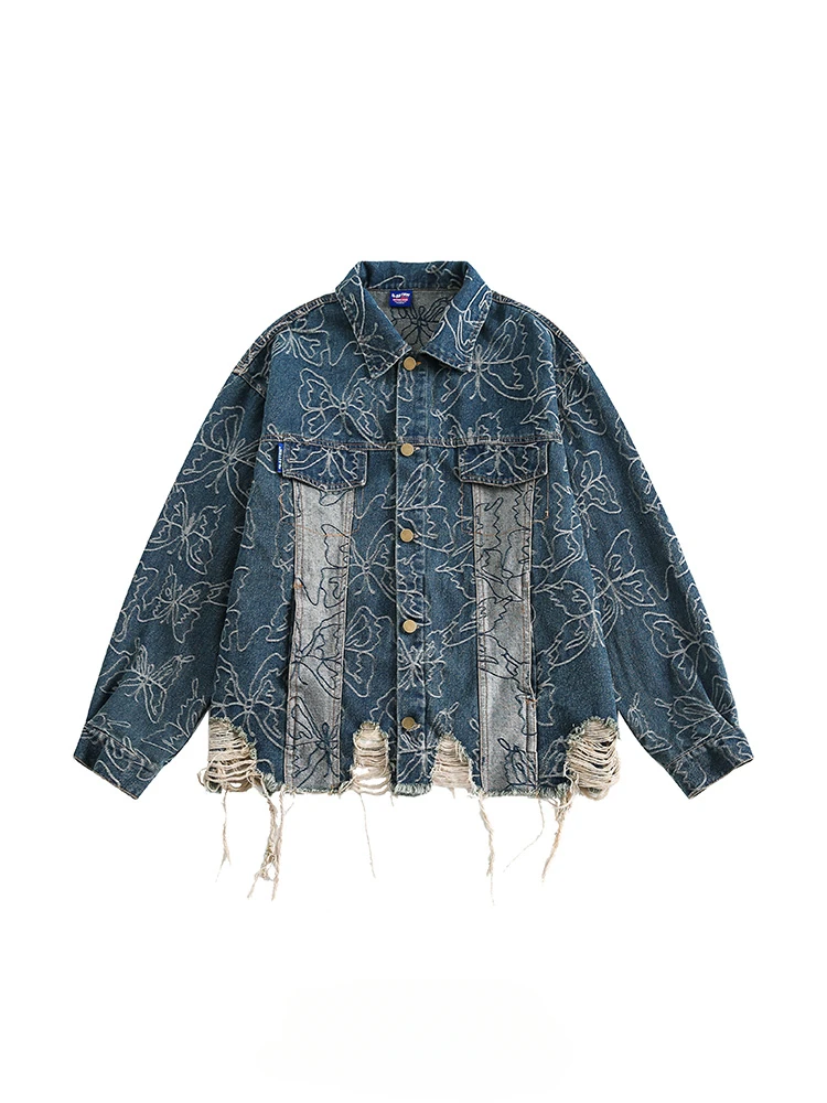 

Men's Vintage Butterfly Jacquard Ripped Denim Jackets Trendy Spring Autumn Lapel Long-sleeved Loose Casual Handsome Hip Hop Coat