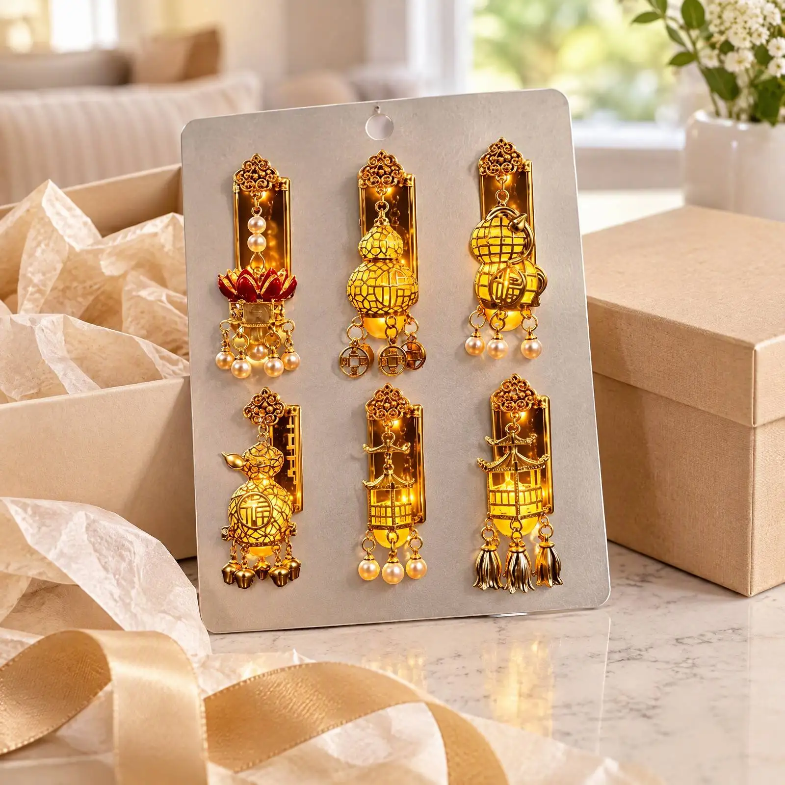 Traditional Chinese Fridge Magnet 6Pcs Glowing Alloy Lantern Lotus Tassel Refrigerator Decoration Set