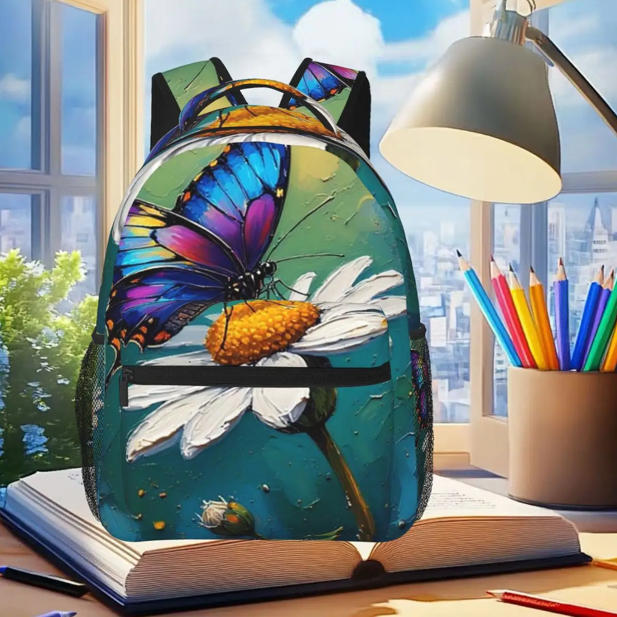Butterfly Stands On Flowers Oil Painting Backpack Student Boys Girls BookBag Children School Bag Laptop Shoulder Bags for Unisex