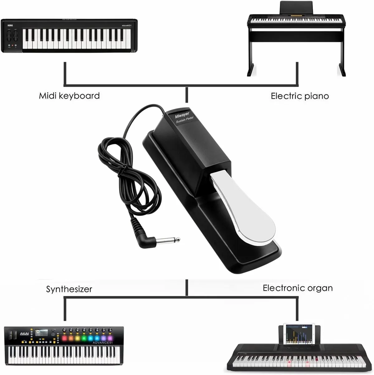 Miwayer Sustain Pedal with Polarity Switch for MIDI Keyboard Synth Digital Pianos Electronic Drum Electric Piano