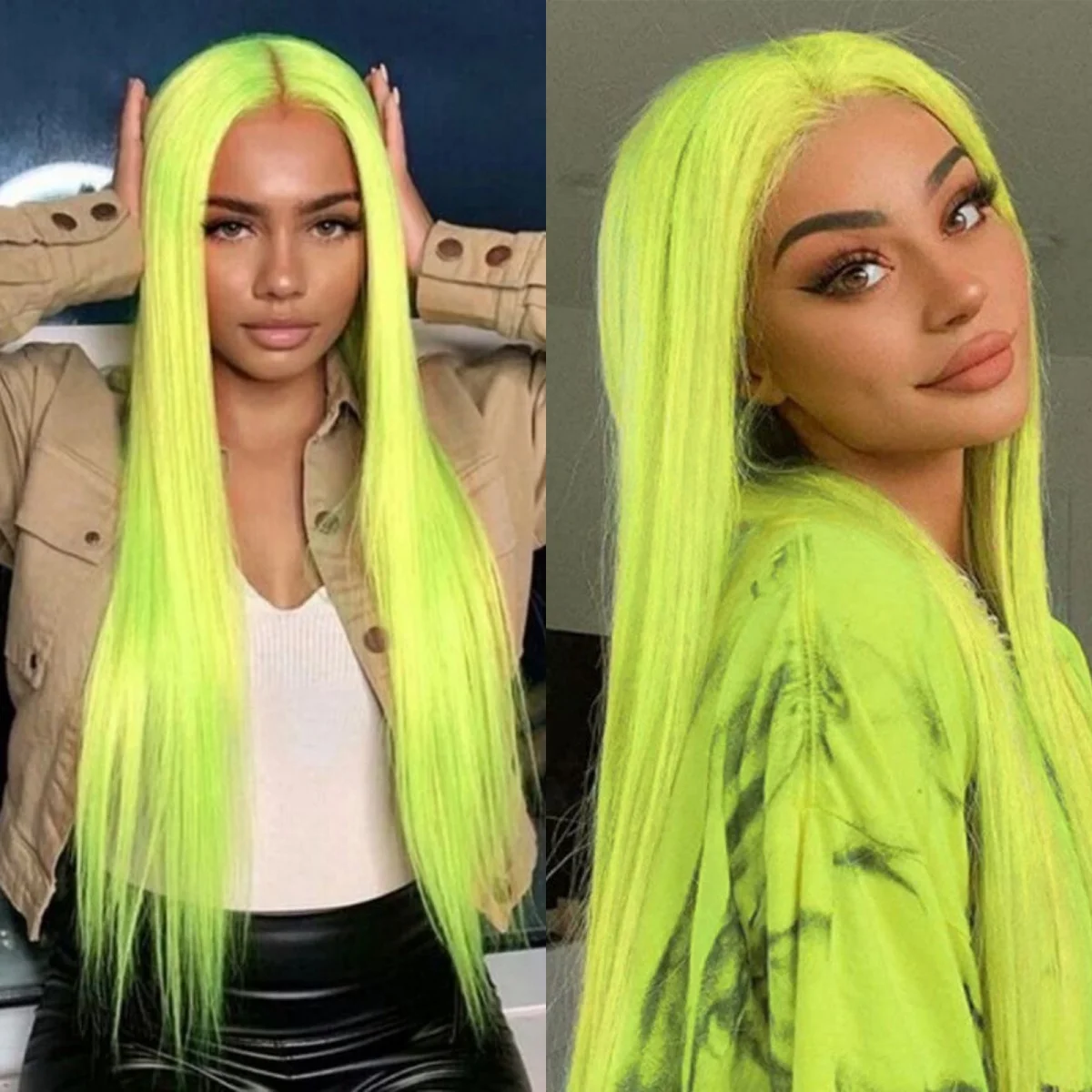 RDY Fluorescent Neon Green Wig Long Straight Synthetic Lace Front Wig Glueless Natural Hairline Hair Frontal Wigs for Women