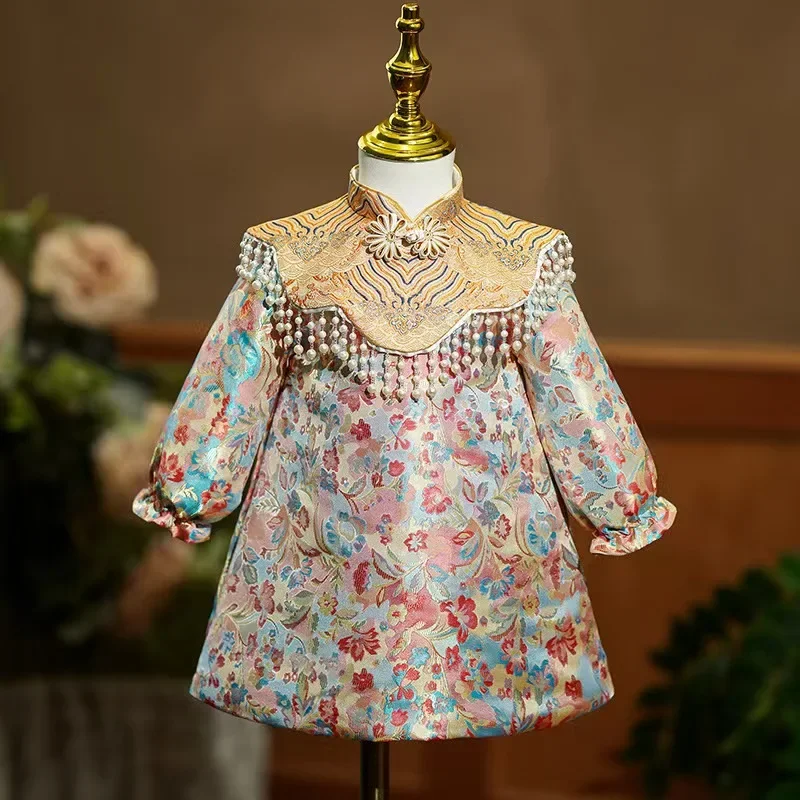 

Baby Zhuazhou Dress Girl's Hundred Days Banquet-Year-Old Cheongsam Chinese Tang Costume Beaded Sleeveless Chinese Dress
