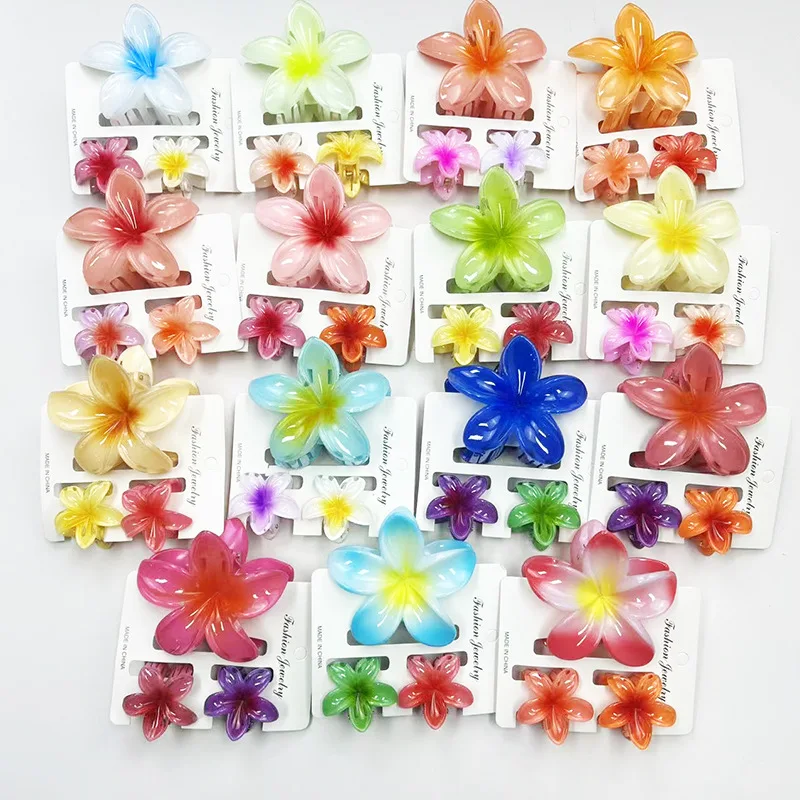 3Pcs Sweet Hawaiian Gradient Color Flower Hair Clip Claw Ponytail Clip Headwear Hairpin Crab Barrette Hair Accessories For Women