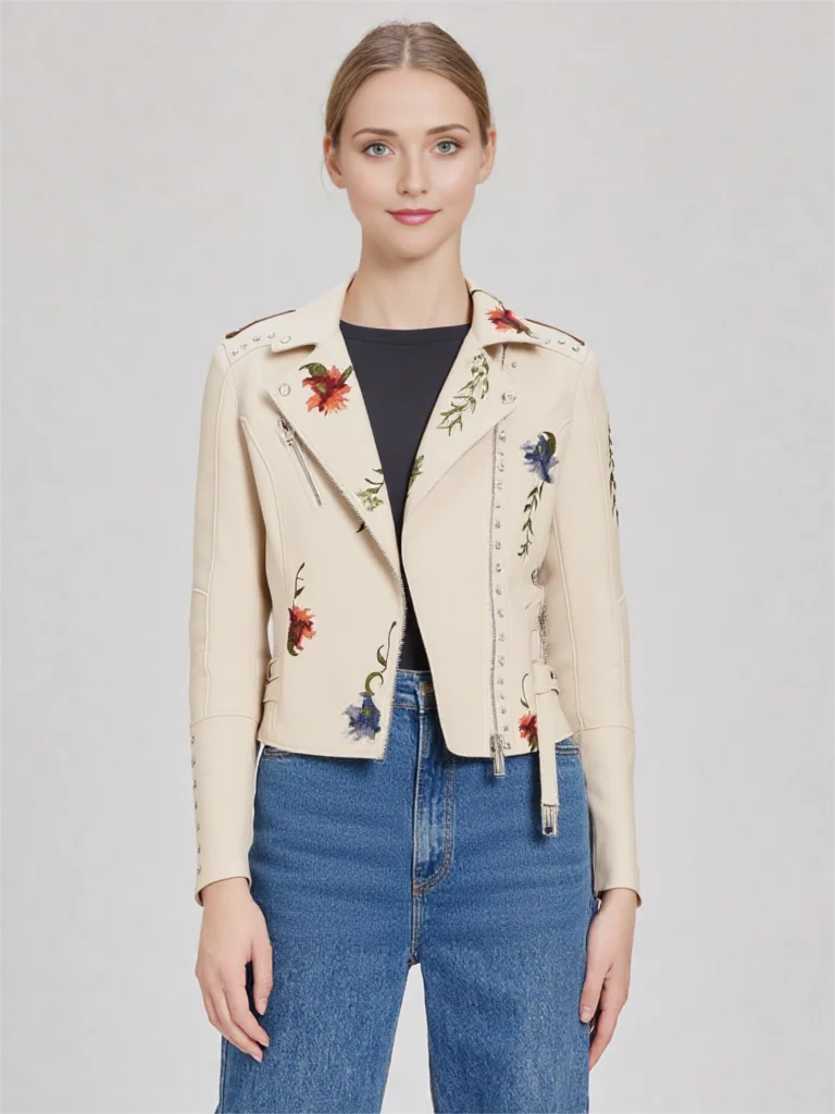 العلامة التجارية الجديدة المرأة الرجعية الأزهار طباعة التطريز فو سترة جلدية ناعمة معطف بدوره إلى أسفل طوق بولي Moto موتو السائق الأسود فاسق ملابس خارجية #3