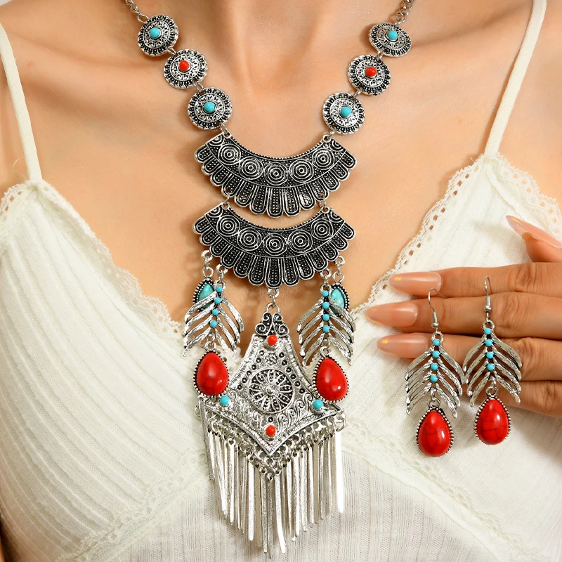 

Long Tassel Necklace & Earrings Set, Retro Ethnic Turquoise Imitation Jewelry, Bohemian Exquisite Alloy Neckpiece