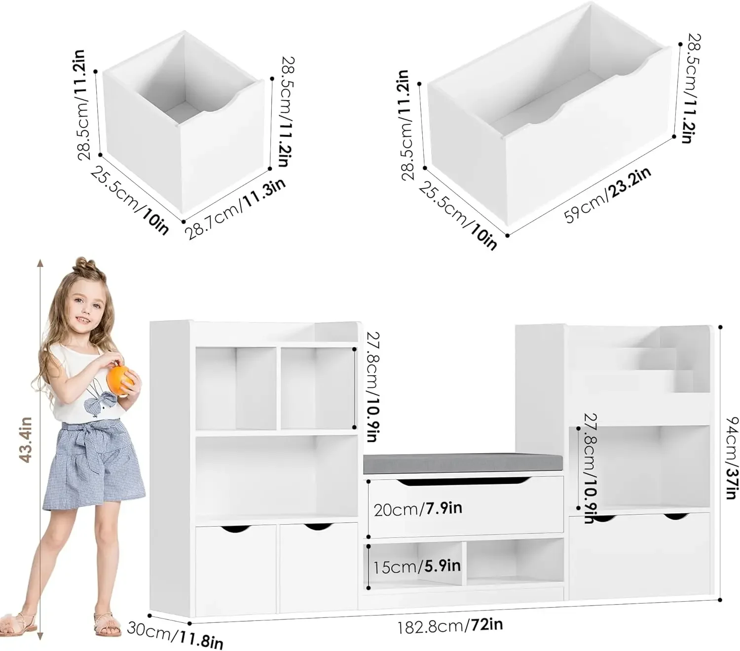 72” Kids Bookshelf with Reading Nook, Super Large Toy Storage Organizer with Seat Cushion and 3 Movable Drawers, Kids Re