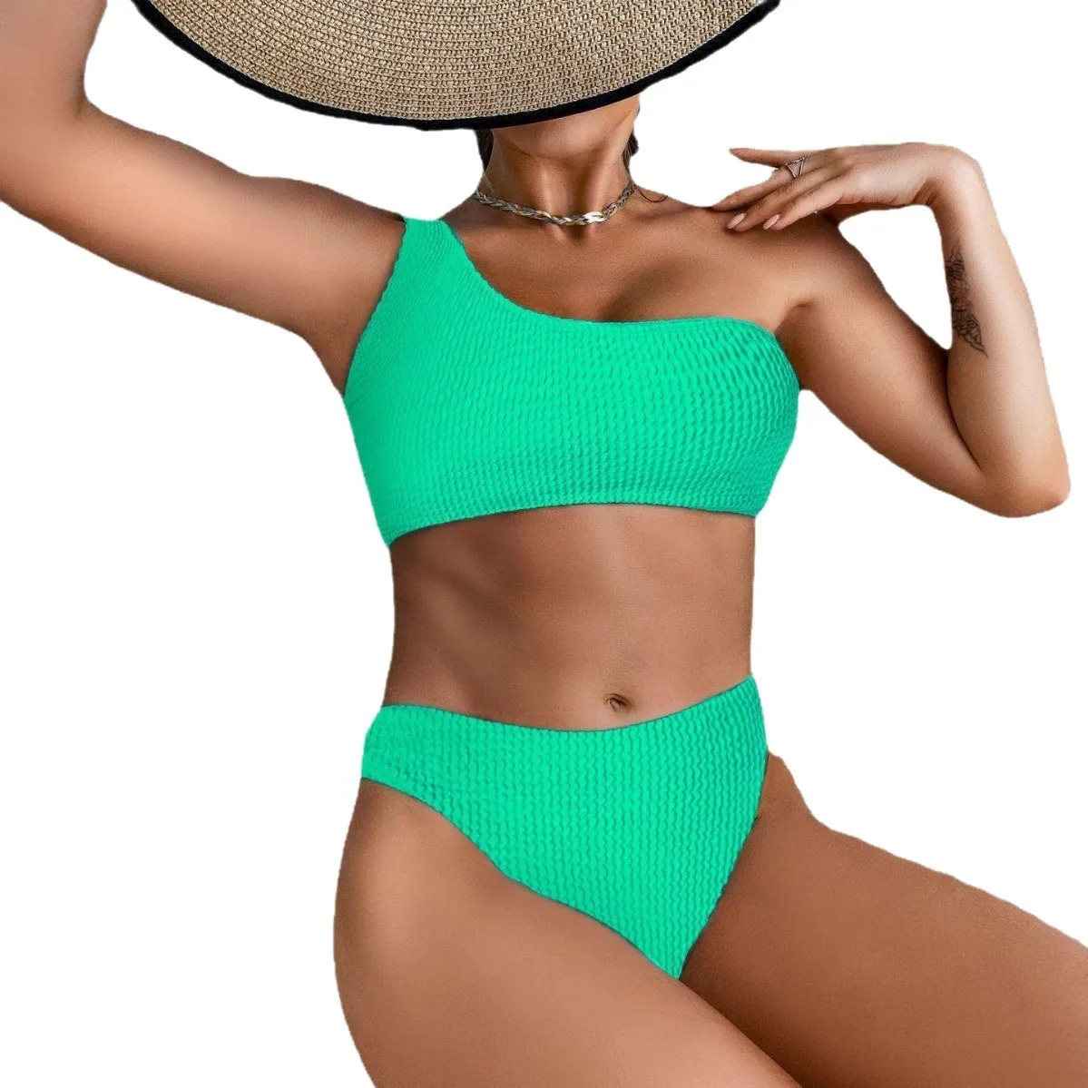 2026 Bikini Sets For Woman High Waist Bikinis One Shoulder Top Light Blue Swimwear High Waisted Bottom Two Piece Swimsuit