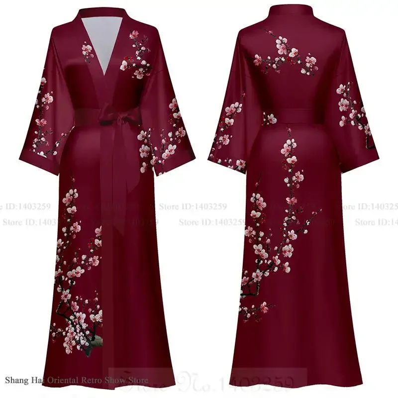 

Spring Summer Sleepwear Long Robe Plus Size Female Nightgown Print Flower Kimono Bathrobe Gown Home Dress Loose Satin Loungewear