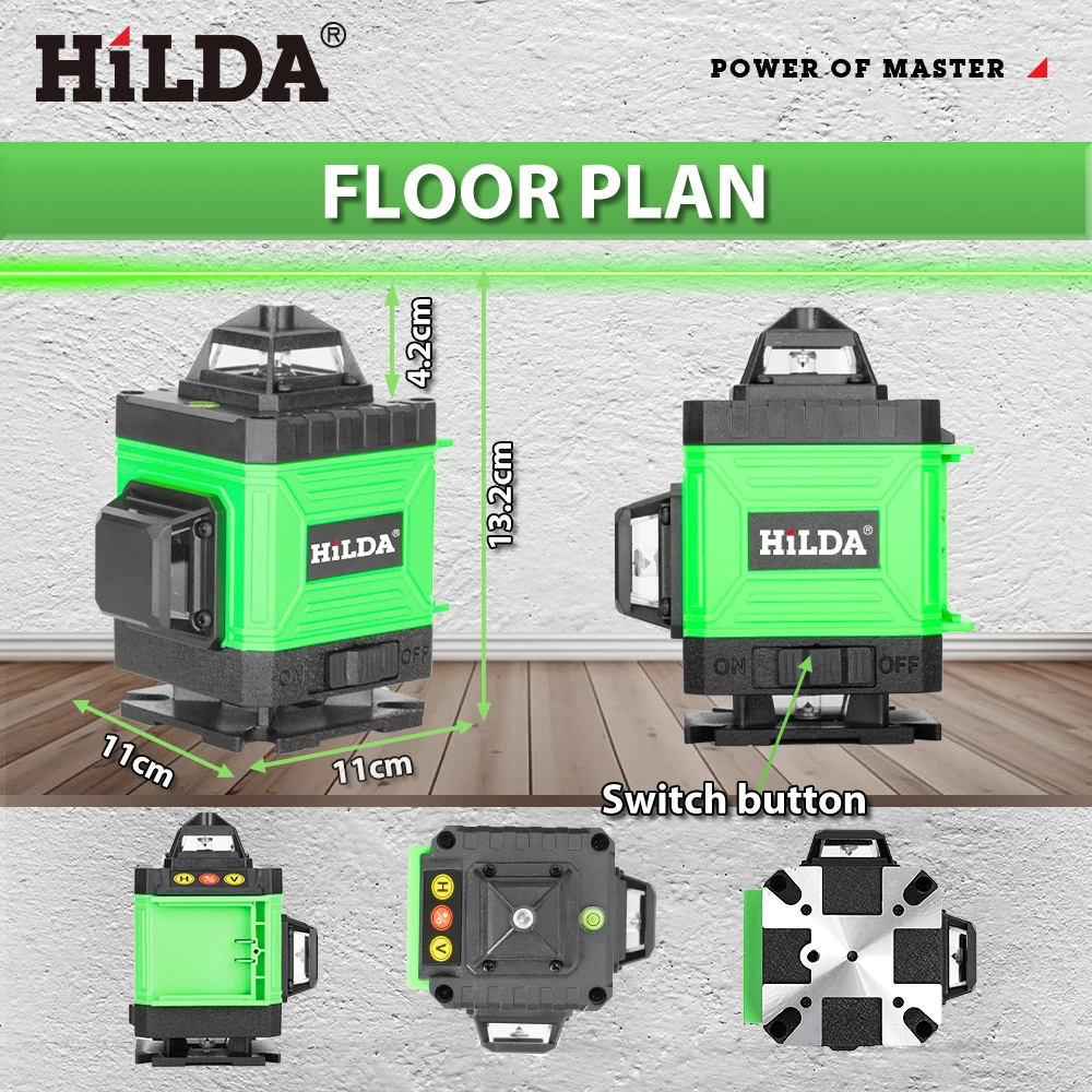 HILDA 4D 16 خط مستوى ليزر صغير أفقي عمودي عبر ليزر التسوية الذاتية أفضل أداة قياس الضوء الأخضر القابلة لإعادة الشحن