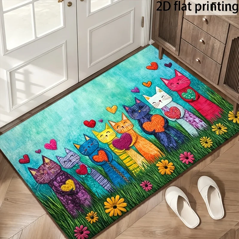 Newest Floor Mat Rainbow Colorful Cat Heart Flower Grass Print Doormat Cute Bedroom Floor Mat