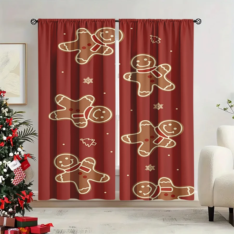 2PCS Christmas Winter Curtains, Red Gold Line Gingerbread Snowflake Tree Winter, Digital Print, Bedroom Living Room, Home Decor
