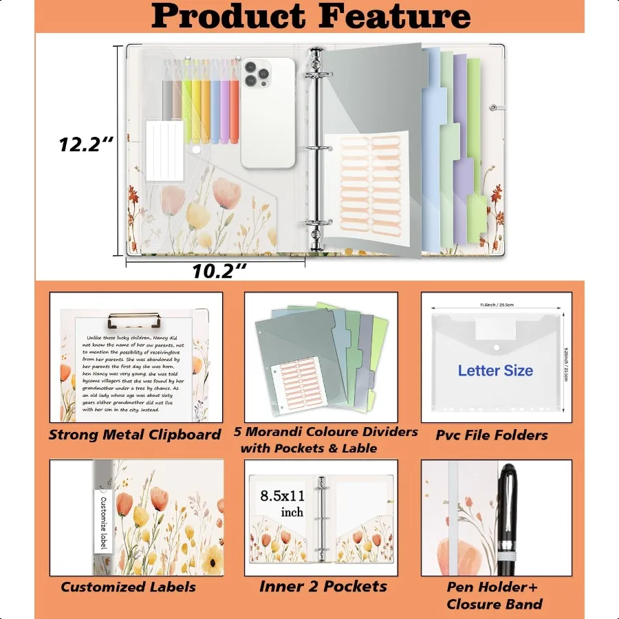 3 حلقات 1 بوصة منظم ثلاثة مجلدات حلقية مع حافظة 5 علامات جيوب فواصل مجلد بلاستيكي 18 مقسم ملصقات قلم L