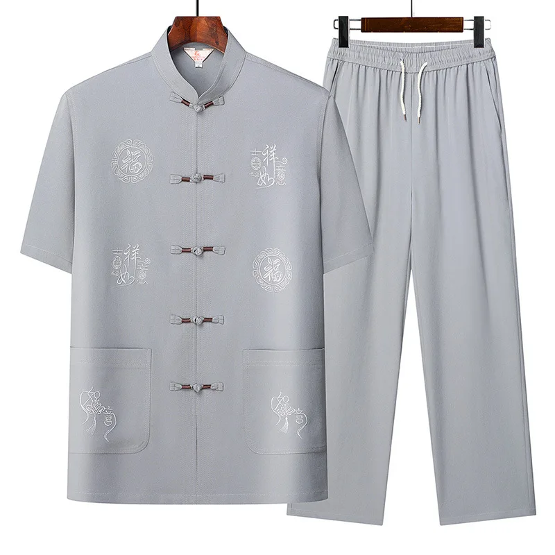 Chinese Tang Suit Middle-aged Homens Idosos Verão Short-sleeved Hanfu Camisa Casaco Bordado Roupas Tradicionais 2PCS Conjuntos Completos