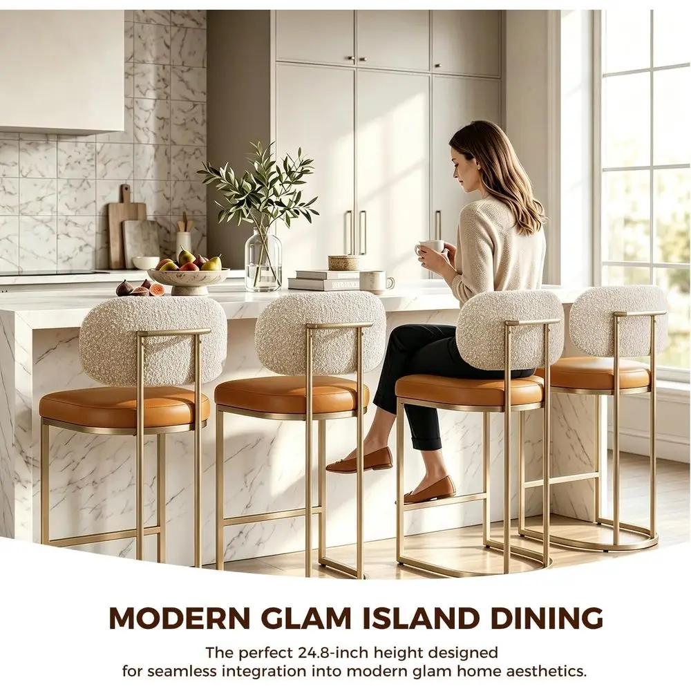 Set of 3 Brown Counter Height Bar Stools, 24.8 Seat with Bouclé Back and Gold Legs - view 4