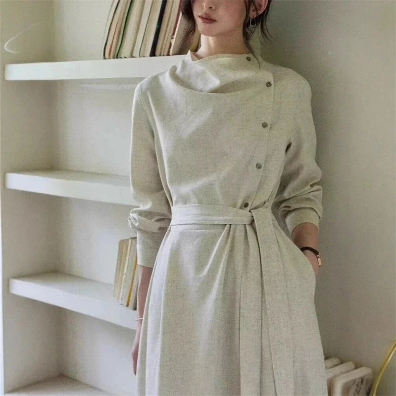 Luxury Long Sleeve Asymmetrical Wrap Dress For Women Autumn Intellectual Chic Waist Cinched Midi Dress For Office Date Night