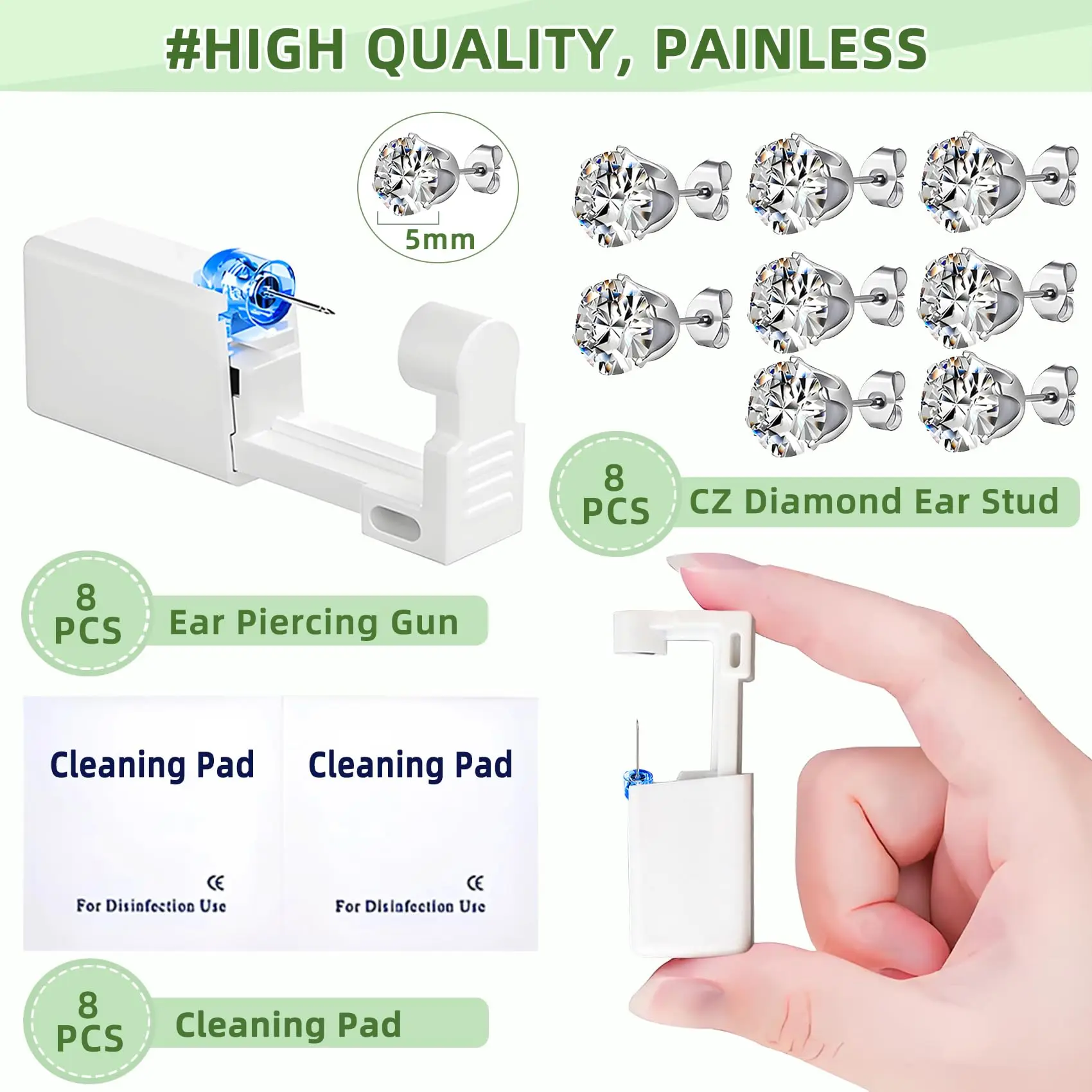24 Pcs Ear Piercing Kit: Disposable Ear Piercing Gun Kit with 8 Guns, 8 Pcs Earrings Stud, 8 Pcs Cleaning Pads