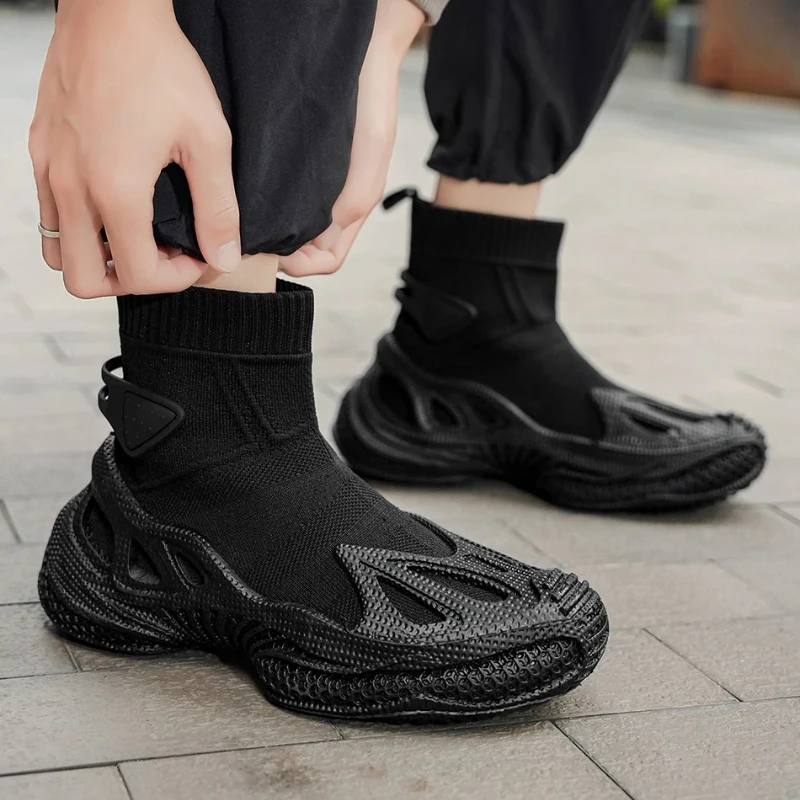 Man Outdoor Trendy Mecha Shoes Classic Black Men's High Top Shoes Breathable Knit Socks Shoes Men Casual Boots Chaussure Hommes