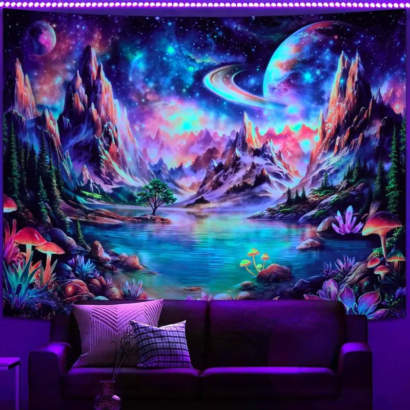 VIKAMA Violet Cliffs Alien Lagoon Toadstool Fluorescent Tapestry UV Glow Surreal Wall Mural Living Room Decor Soft Durable Cozy