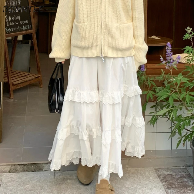 Koronkowa linia A luźna na wszystkie mecze wiosna jesień spódnice do kostek dla kobiet koreański styl kobieta delikatna moda rozrywka studenci szykowna