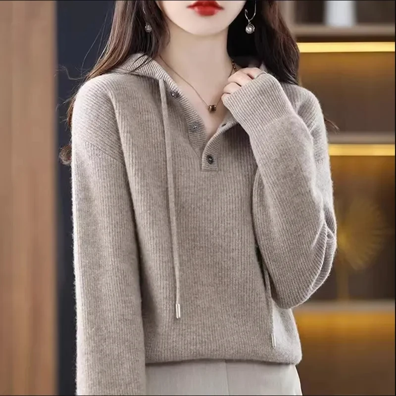 

2023 Autumn New Fashion Pullover Cashmere Sweater Women's Loose Solid Long Sleeve All-Match Hoodie Female Soft Knitted Jumpers