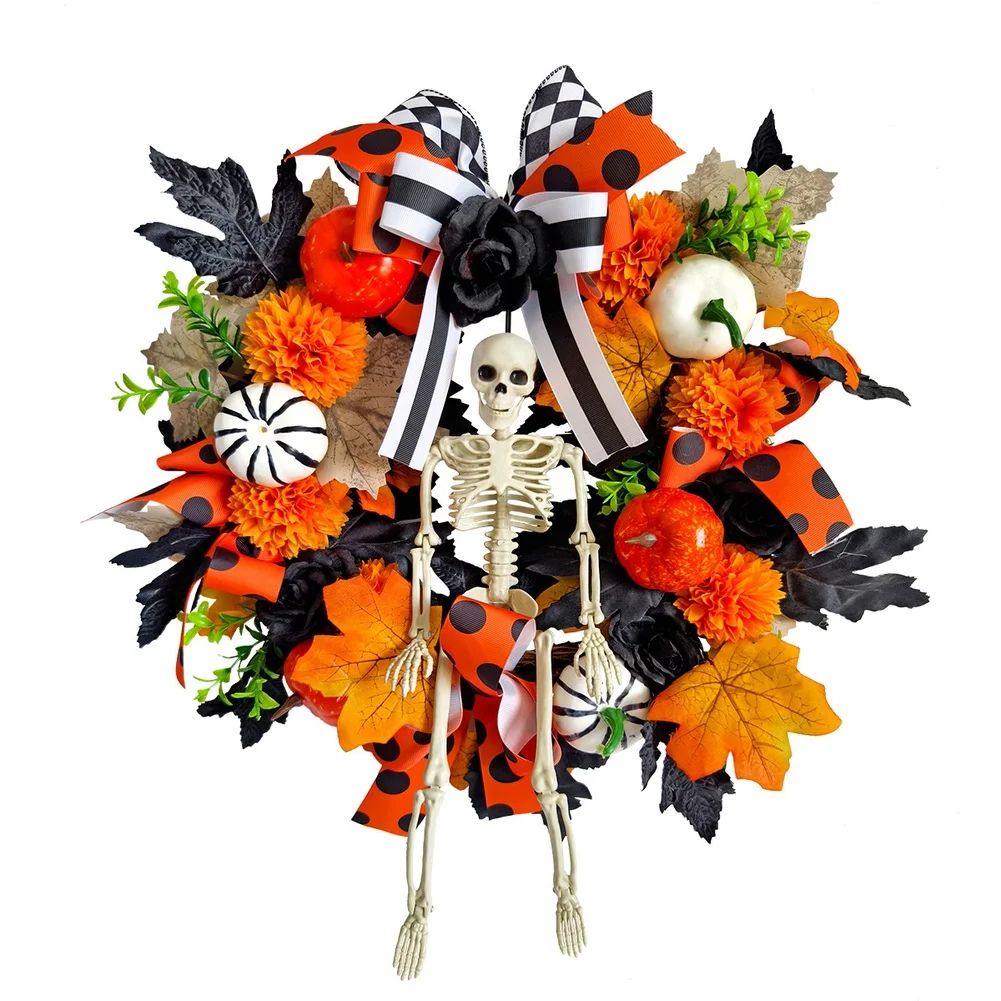 Halloween Decoration Wreath Featuring Maple Leaves Pumpkins Skulls Skeleton Dead Branch for Indoor Outdoor Use