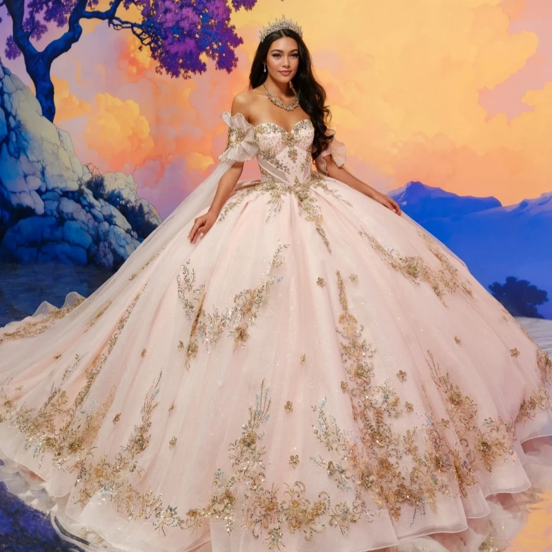 

Pink Shiny Quinceanera Dresses Ball Gown Off The Shoulder Applique Lace Bow Beads Tull With Cape Sweet 16 Dress Vestidos 15 De