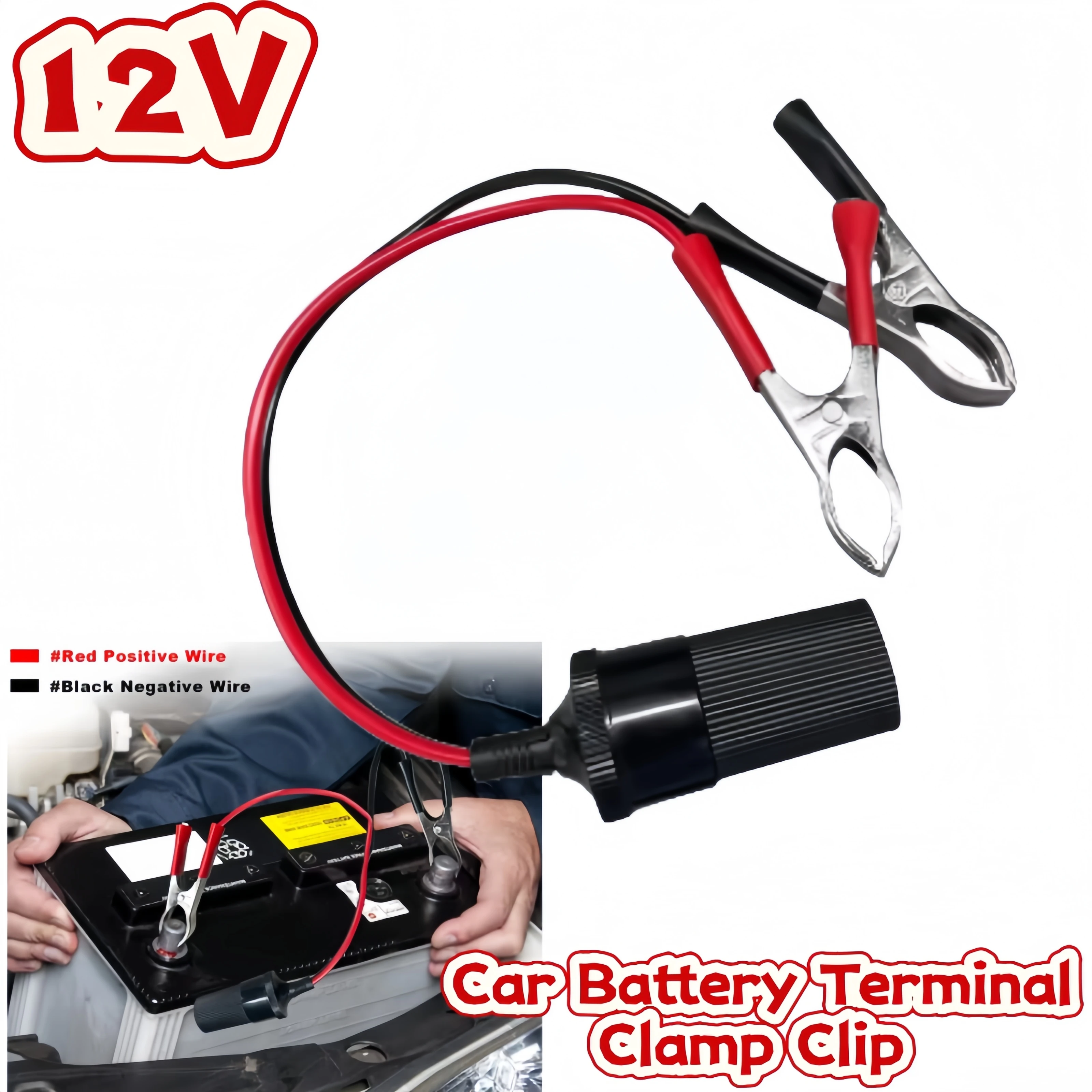 12V Heavy Duty Battery Terminal Clamp Clip Extension Cord Cigarette Lighter Socket Adapter Truck Trailer Motorcycl Outdoor Power