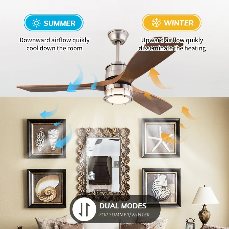 Modern Solid Wood Ceiling Fan with Light Quiet Reversible DC Motor 3 Color LED Light Indoor Ceiling Fan for Living Room Patio