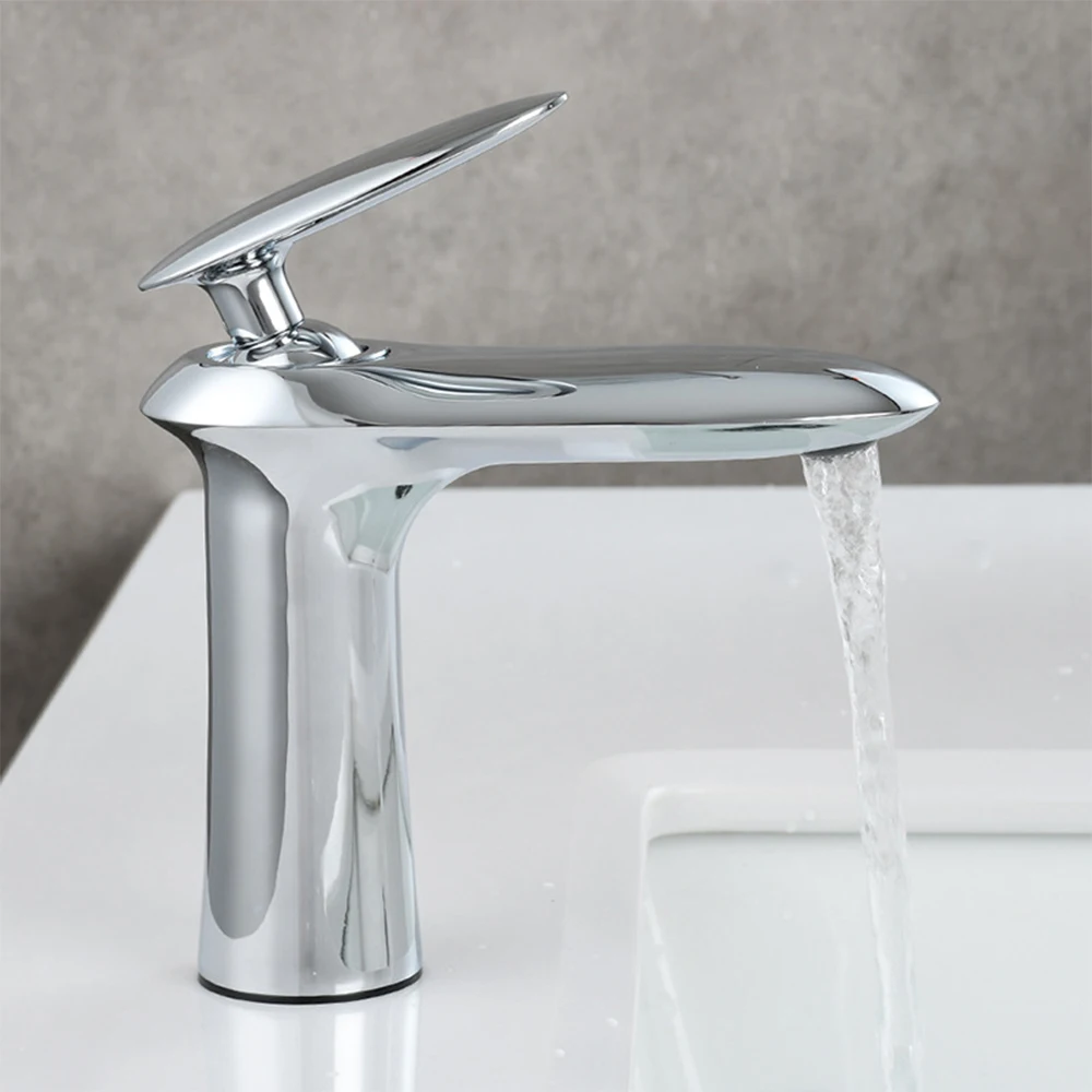 

SKOWLL Bathroom Faucet Modern Single Handle Vanity Sink Faucet Deck Mount Basin Mixer Faucet, Polished Chrome PX-24