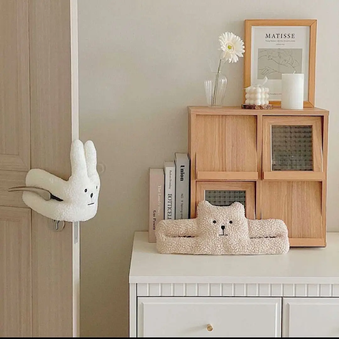 INS bear lambswool comfort toy children anti-clamp hand door stop baby room door handle decoration door hanging