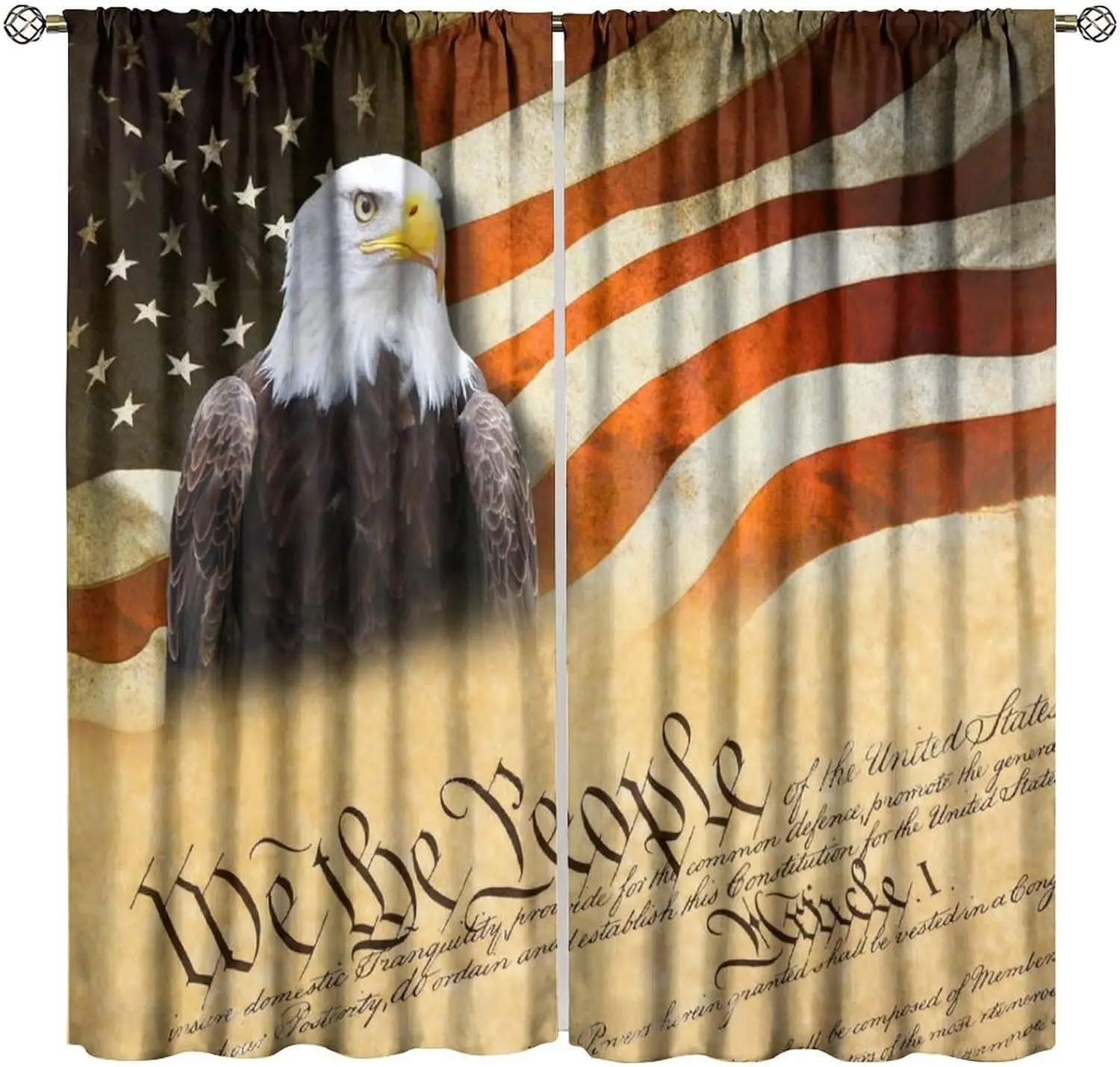 American Flag Curtains, Patriotic Bald Eagle Independence Day Print Vintage USA Flag Window Curtains for Bedroom Living Room