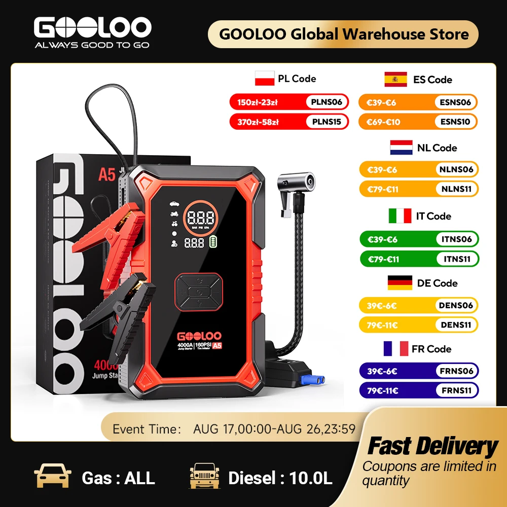 GOOLOO A5 4000A Przenośny Rozruchowywacz Samochodowy Power Bank z Pompką Powietrza 160PSI, Awaryjne Uruchamianie Akumulatorów do Pojazdów 12V