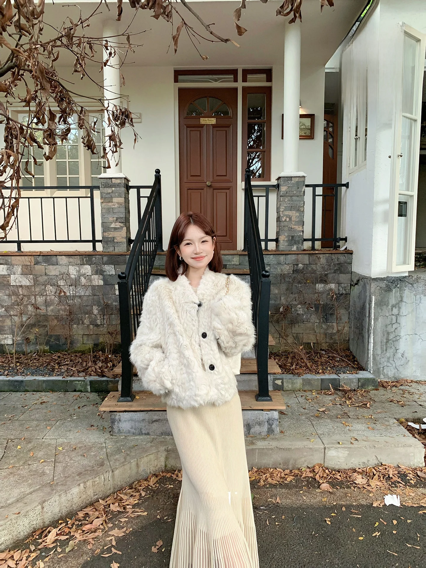 

Autumn Winter Warm Faux Fur ort Coat Women's Stand Fit Long Sve Top with Single Button French Sle Versatile Outerwear