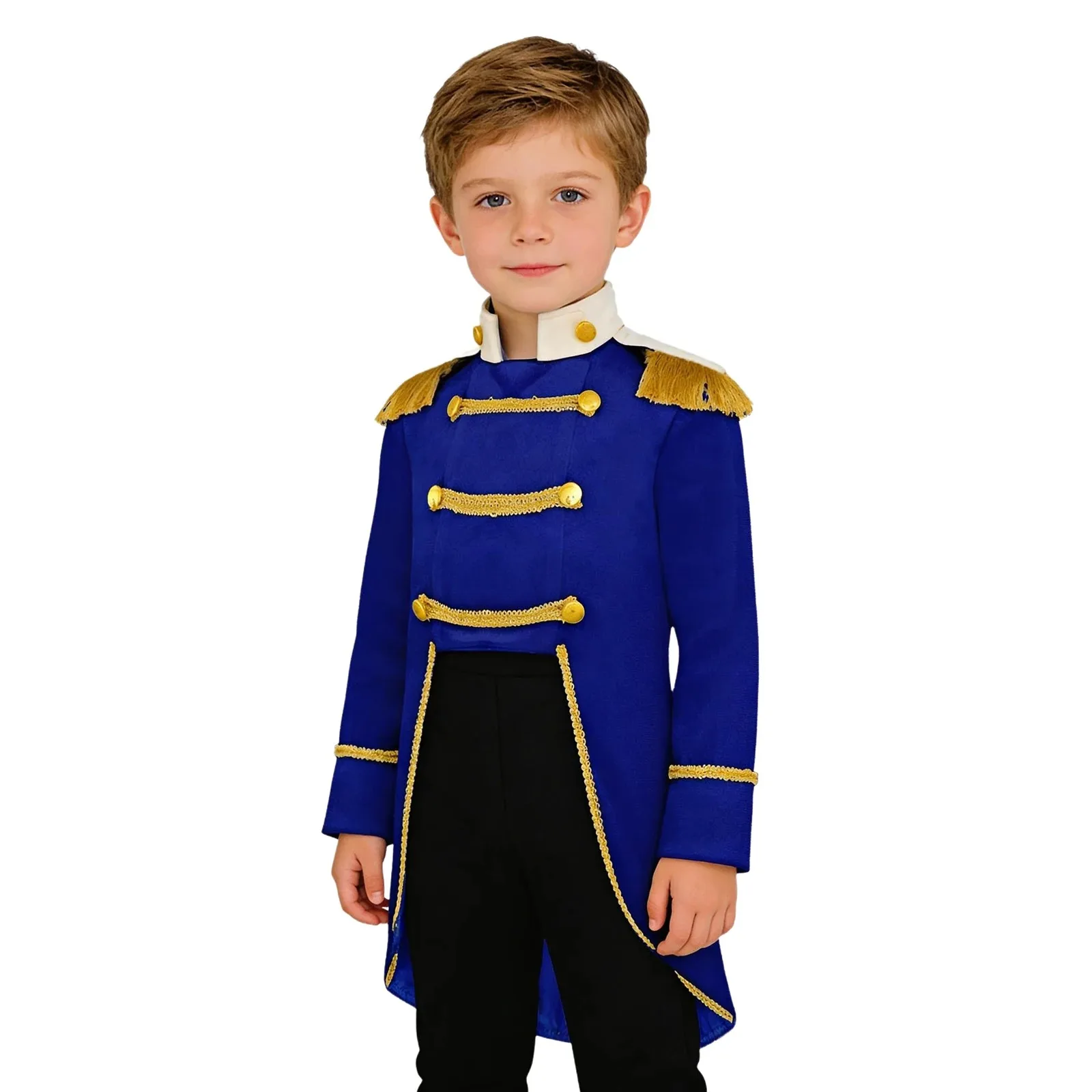 Boys Prince Royal Court Cosplay Tailcoat Cosplay Costume Marching Band Uniform Gold Fringe Velvet Tuxedo Jacket Tailcoat view 2
