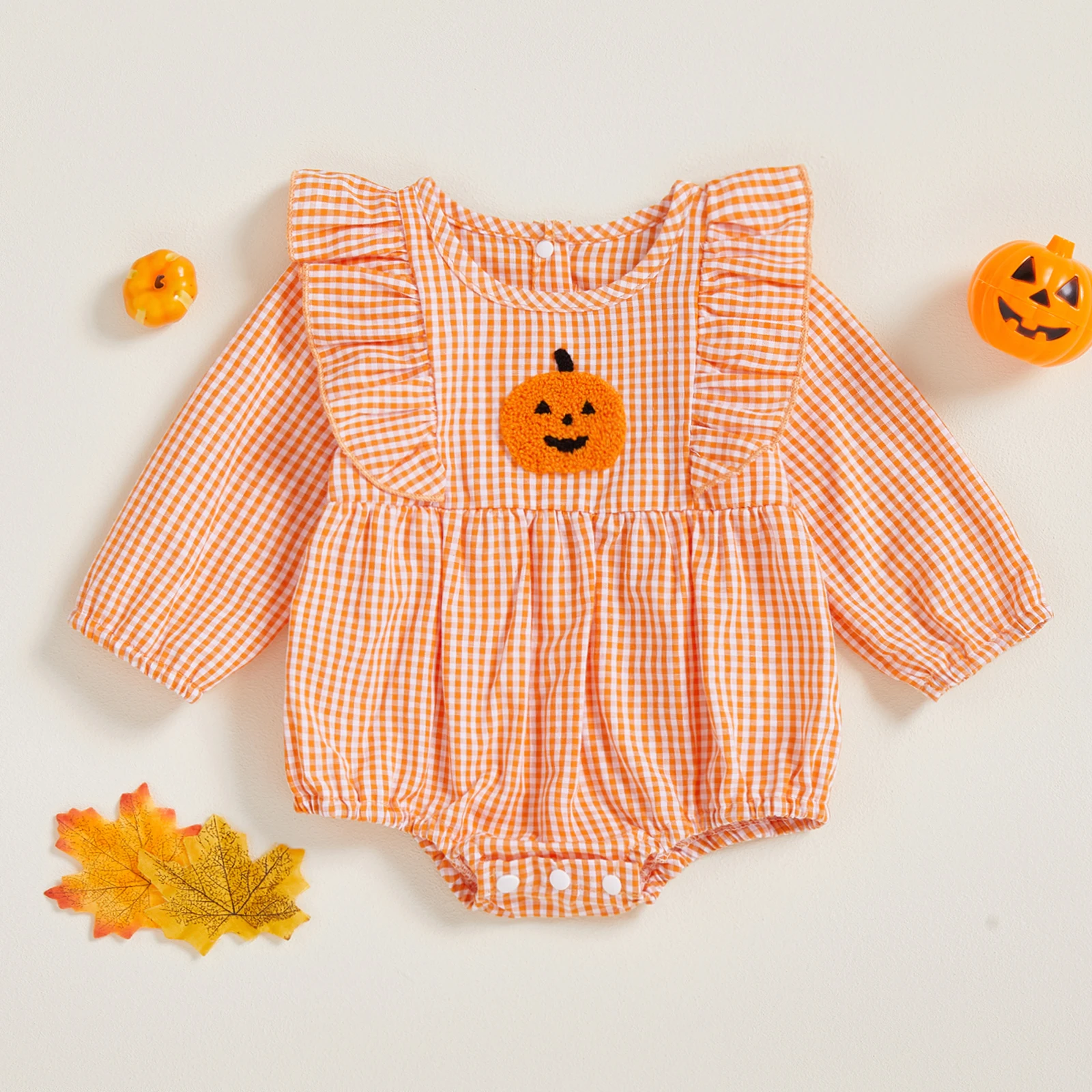 

Baby Girls Halloween Romper Fashion Clothes Casual Pumpkin Embroidery Plaid Print Long Sleeve Jumpsuits for Infant