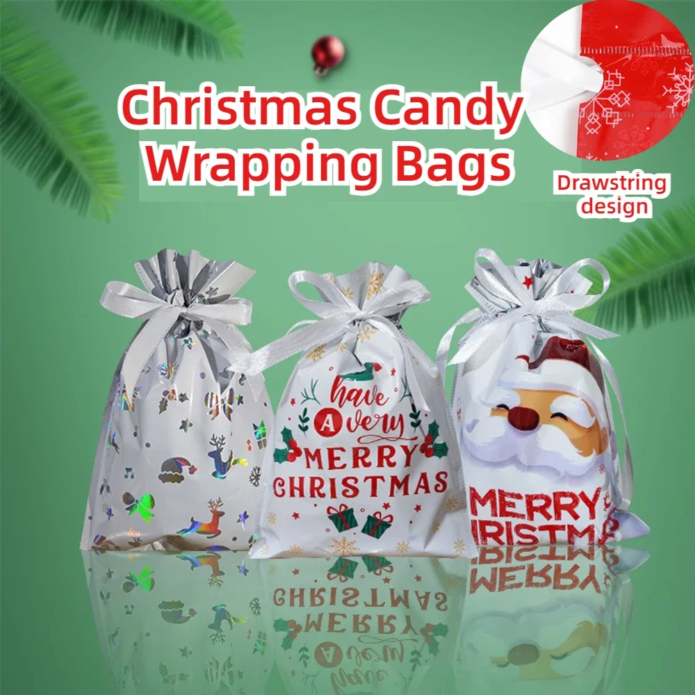 5Pcs/set  Merry Christmas Drawstring Gift Bag New Year 2025 Multisize and Candy Cookie Packaging Bag Christmas Home Decoration