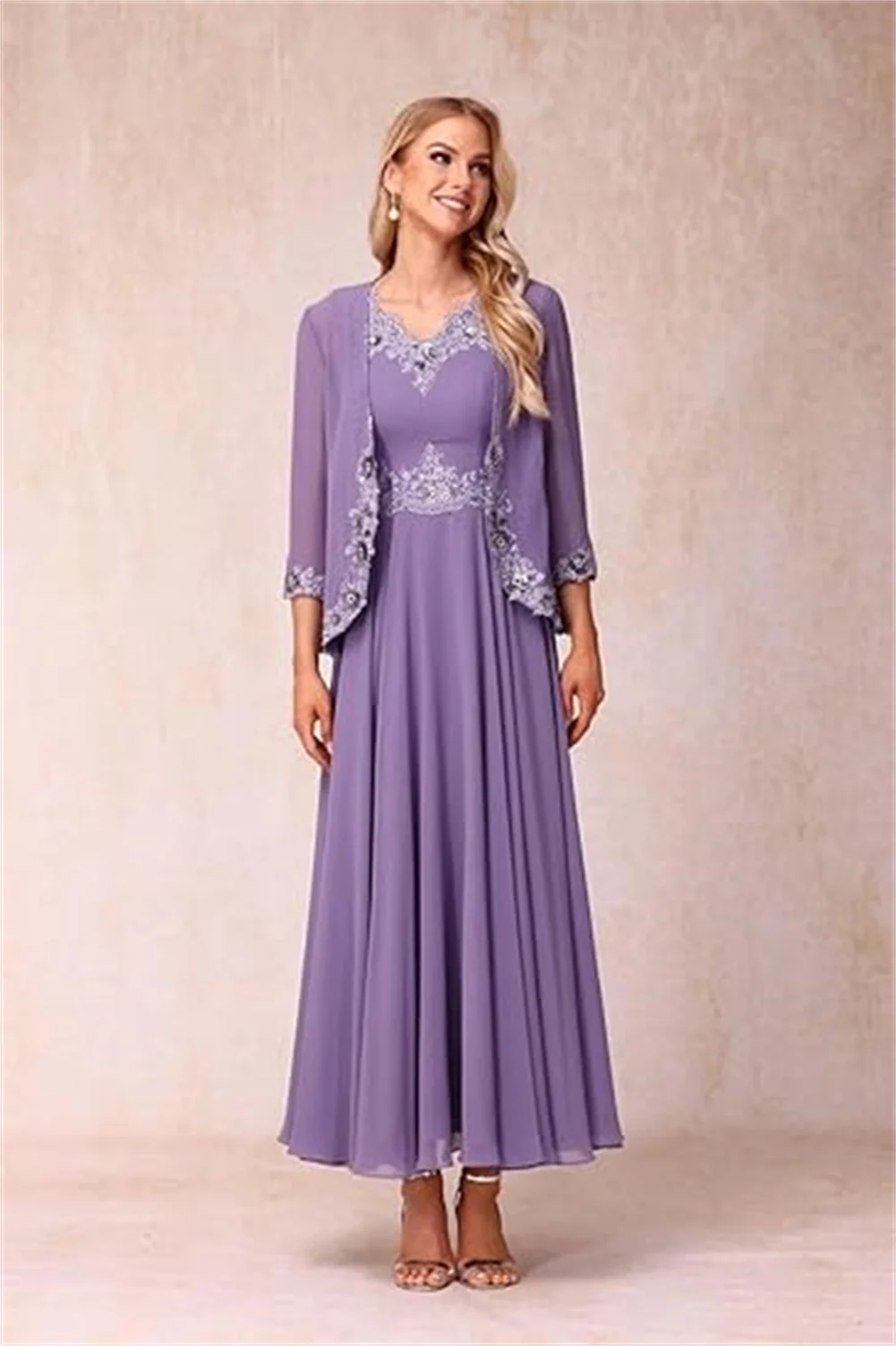 3/4 manica madre della sposa abiti 2 pezzi con giacca alla caviglia pizzo Chiffon formale abito da sposa abito lungo da ballo