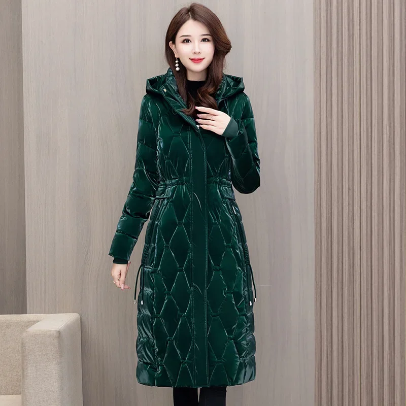 

Женское ветрозащитное длинное пуховое хлопковое пальто с воротником-стойкой для мамы, зимняя мода 202, глянцевая теплая тонкая парка на молнии, съемная шапка