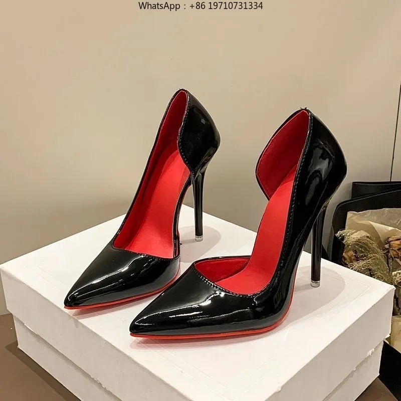 pdd 2026 Early New High Heels Women's Fine Heels Pointed Metal Swords Sexy Queen Black Lacquer Leather Single Shoes(12cm)