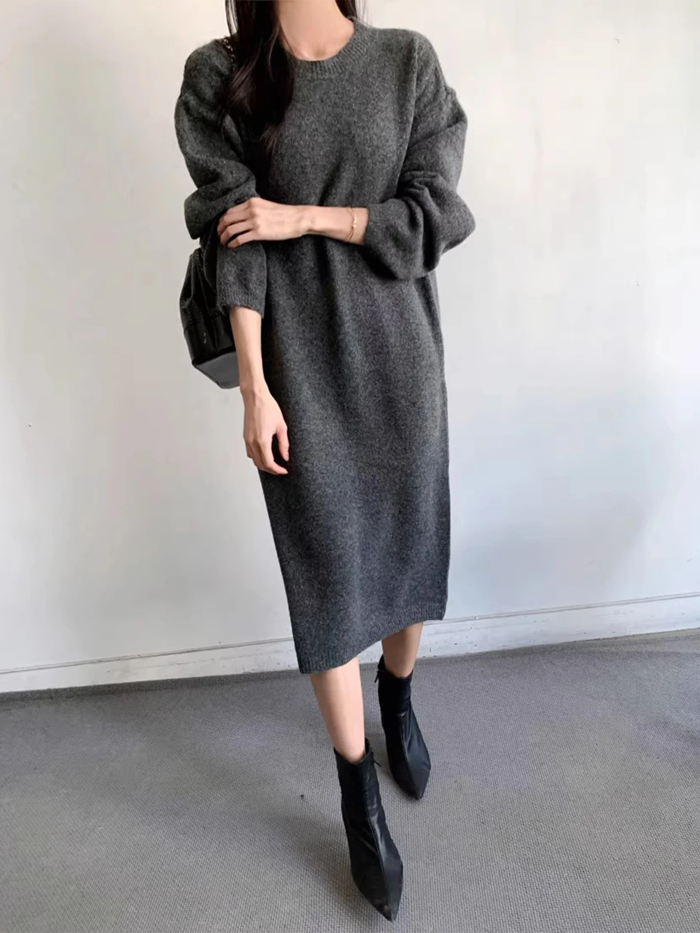 Faionable Thiened Knitted Dr Set para mujer Invierno 2025 Color puro Cintura alta Chic Largo Sve redondo Ne Loose Fit Two...