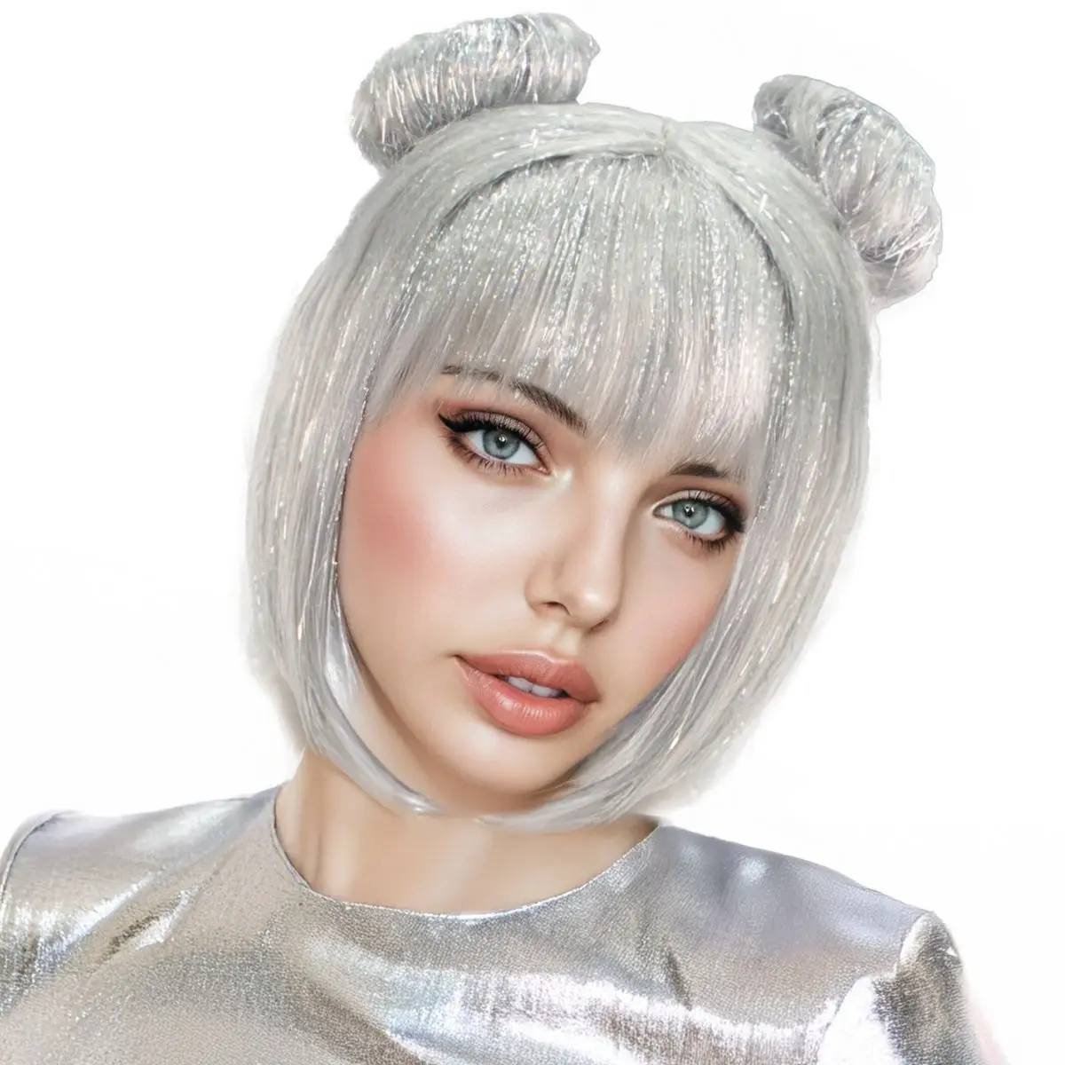 

Silver short hair, meatball shaped synthetic wig, holiday party, wearing gift