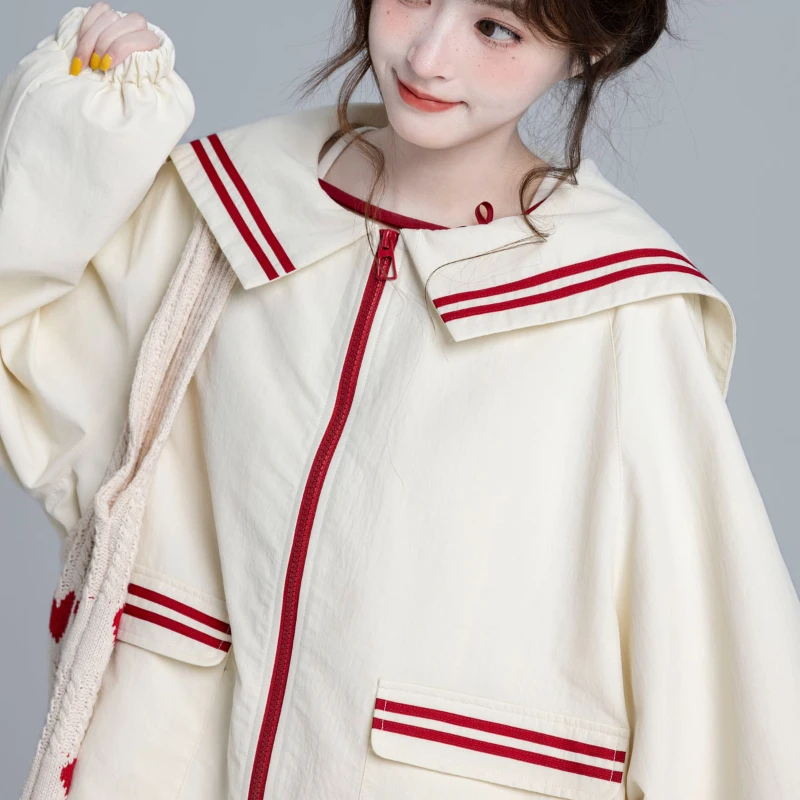 2024 New Japanese JK Uniform College Wind Autumn Winter Sweet Sailor Collar Pink and White Color Pocket Zipper Jacket For Women