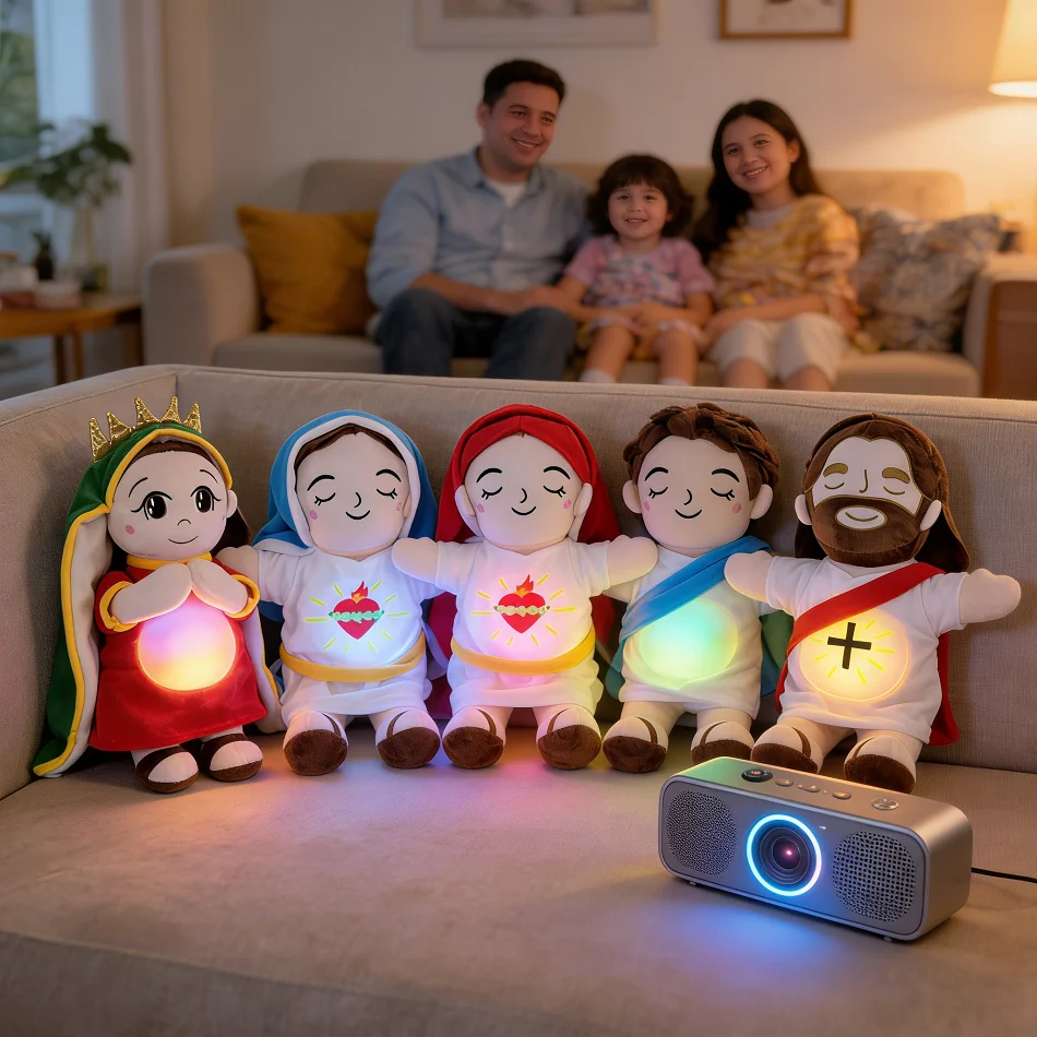 2026 hot Children Music Soothing Breathing Doll Jesus Plush Toy Sleep Companion Toy Sound and Light Doll Holiday Gifts for Kids