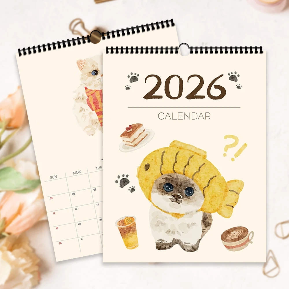 

1 шт. настенный календарь на 2026 год, костюмированные котята, акварельный стиль, 12 красивых узоров, идеальный подарок на дни рождения, Рождество, Новый год